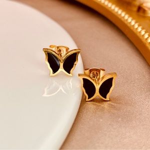 Butterflies Enamel Black Stud Earrings in Gold